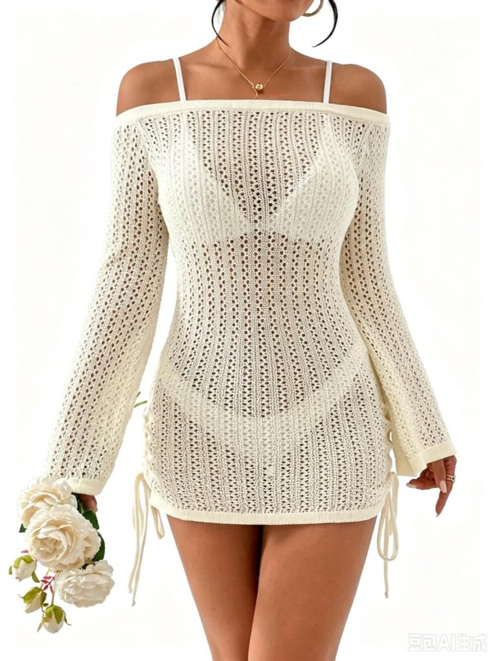 Women's Beige Floral Hollow Out Open Back Maxi Knitted Swim Suit Cover Up